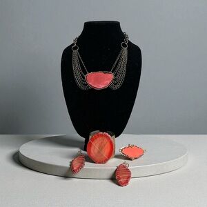 Elegant Faux Coral Necklace, Earring, Cuff Bracelet and Ring Set